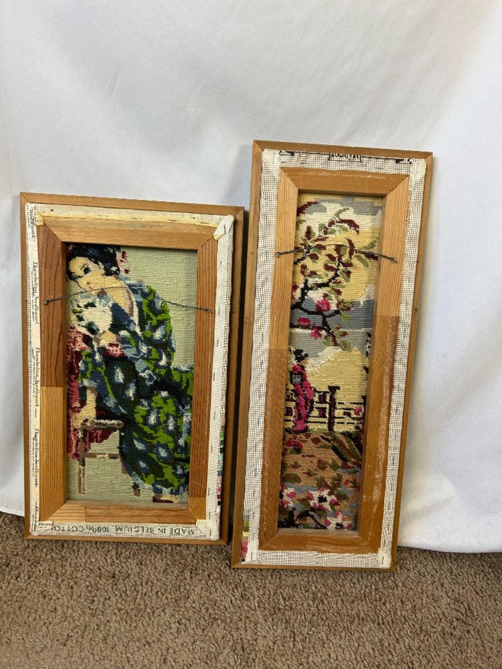 Vintage Needlepoint Geisha Bamboo Style Frames lot of 2 (flaws) - Picture 5 of 7